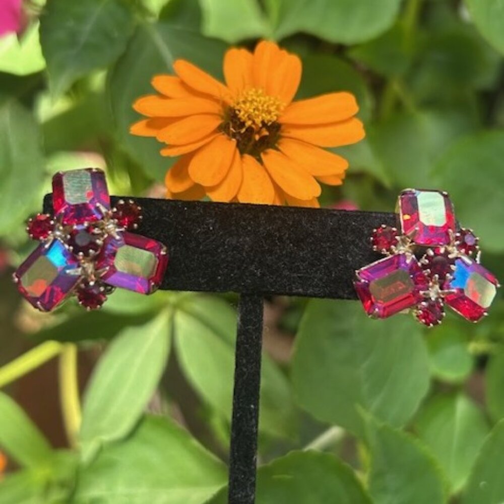 ALBERT WEISS Red AB Rhinestone Cluster EARRINGS